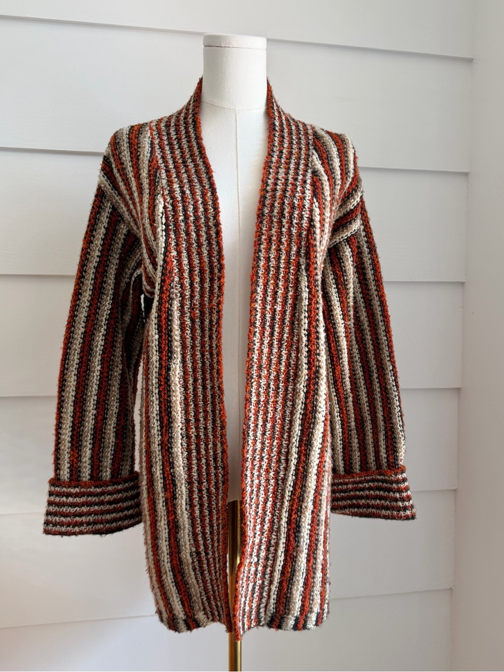 Vintage 1970s Striped Knit Cardigan Earth Tone Open Front Coat Sweater